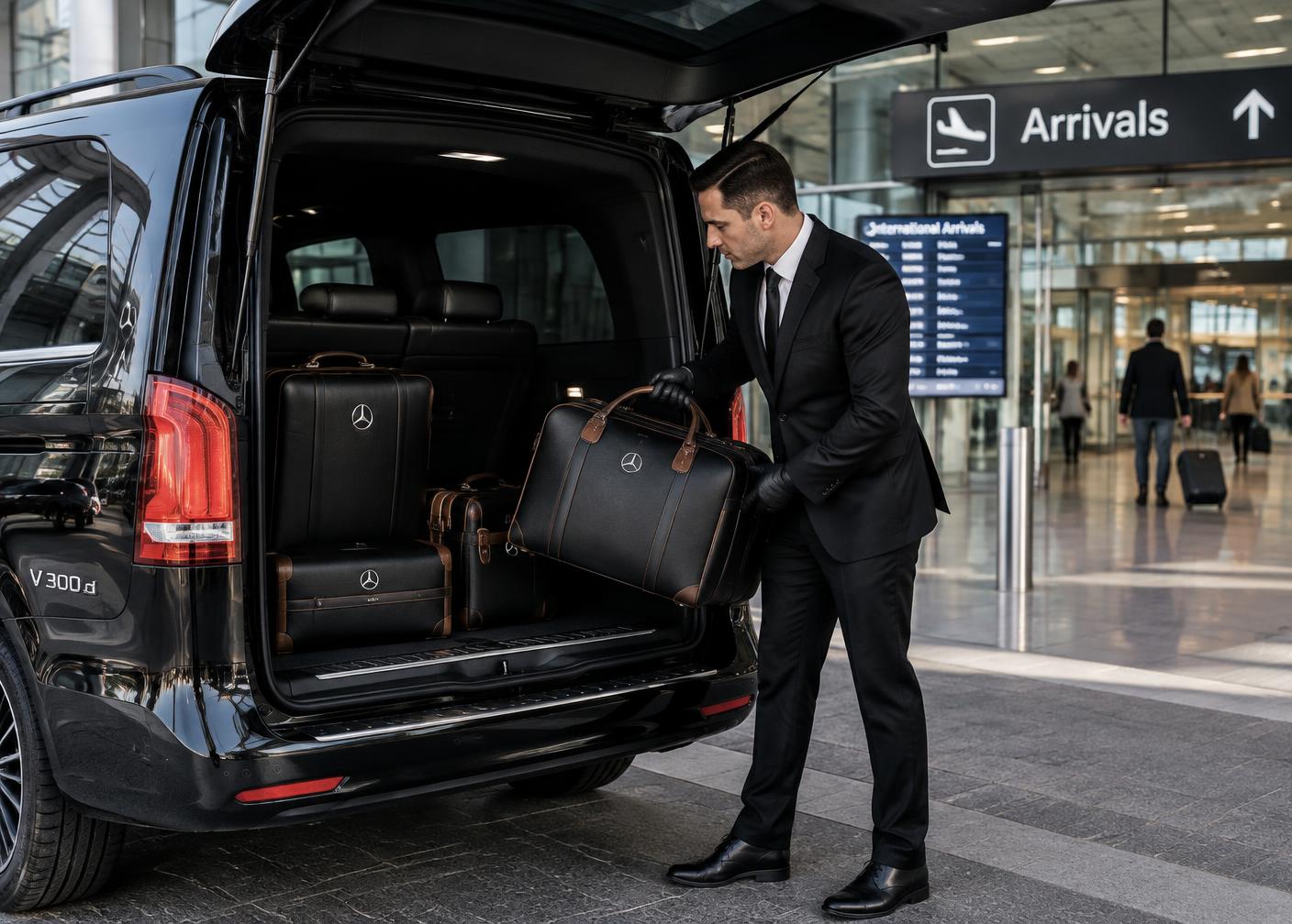 Chauffeur laadt bagage in een Mercedes V-klasse